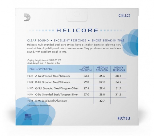 Струни D'Addario H510 4 / 4M HELICORE CELLO STRING SET 4/4 Scale Medium Tension - JCS.UA фото 3